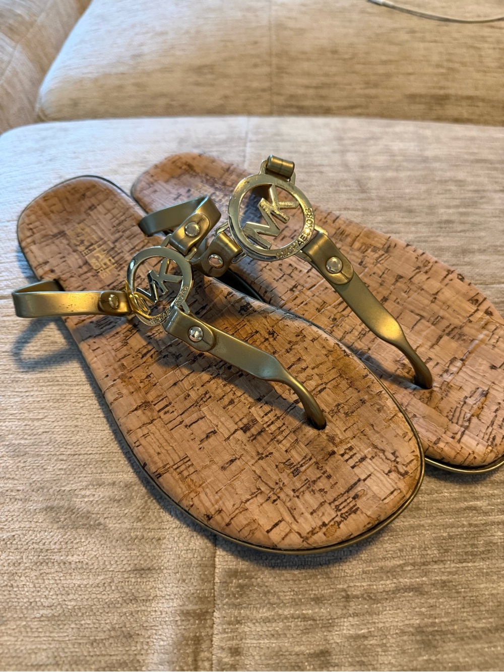 Michael Kors Gold Logo Tan Cork-Style Sandals